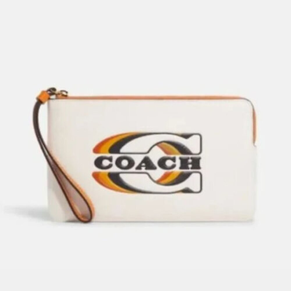 Coach CF458 Large Corner Zip Wristlet W Coach Stamp Leather Clutch Khaki Chalk